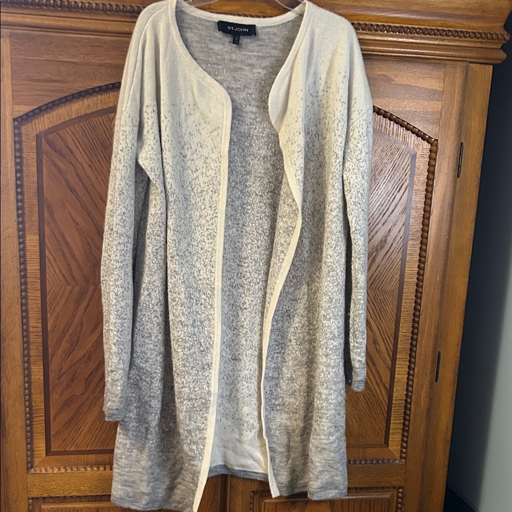 St. John black label long cardigan. Cream and gray. 52% cashmere. Size small.